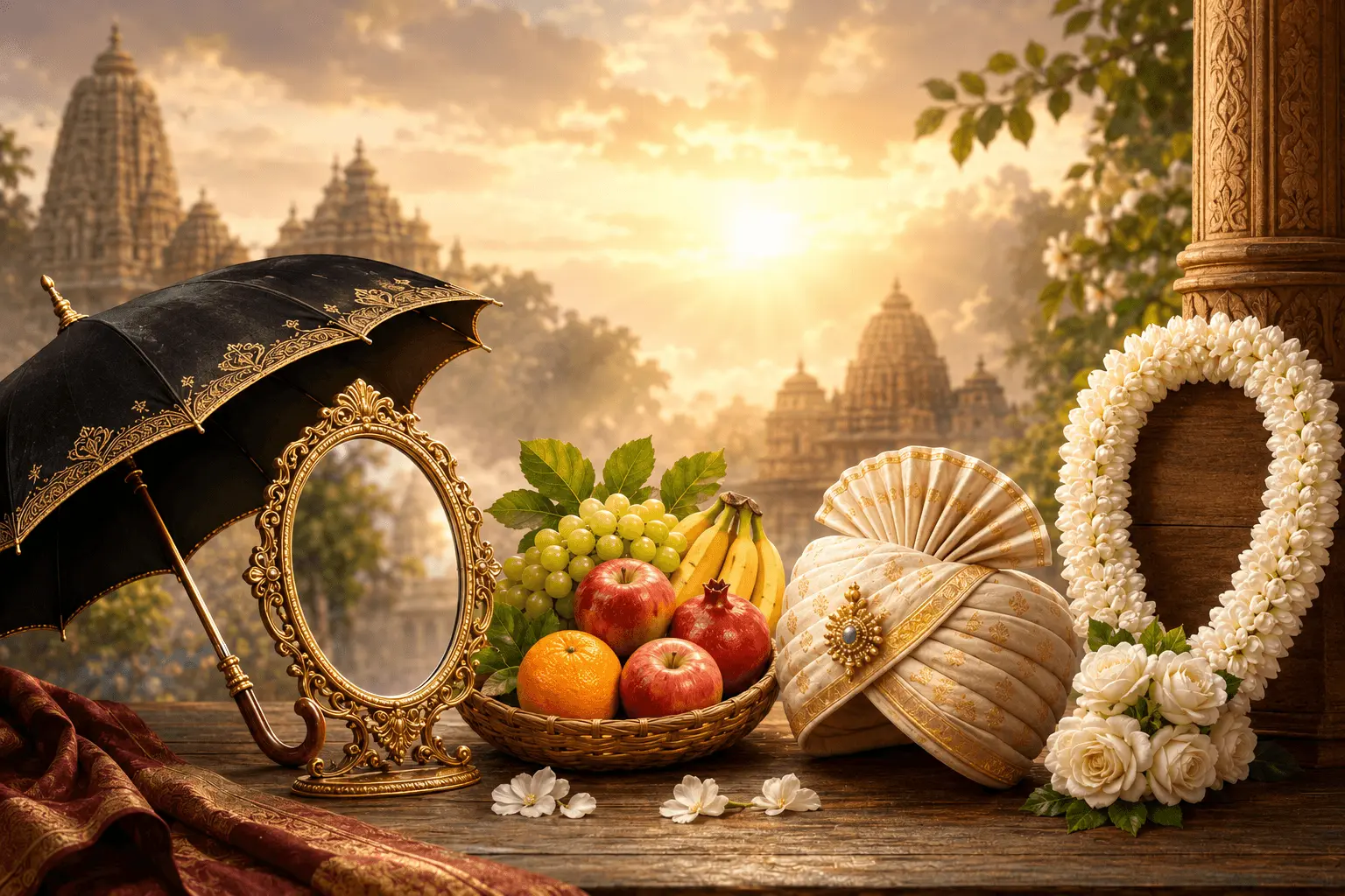Dream Meaning of Umbrella, Mirror, Fruit, Turban & White Garland