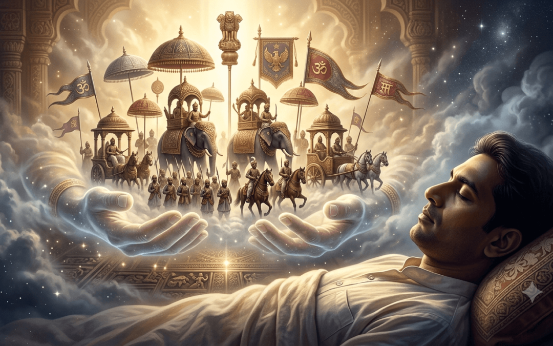 Dream of Holding a Living Fourfold Army with Soldiers, Umbrellas, and Banners in Both Hands – Traditional Vedic Dream Meaning and Interpretation
