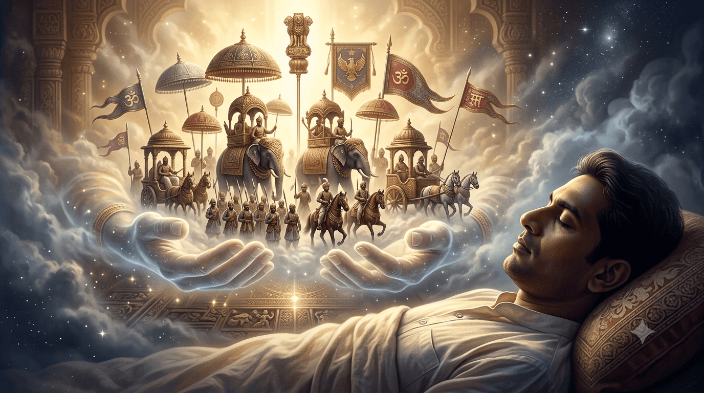 Dream of Holding a Living Fourfold Army with Soldiers, Umbrellas, and Banners in Both Hands – Traditional Vedic Dream Meaning and Interpretation